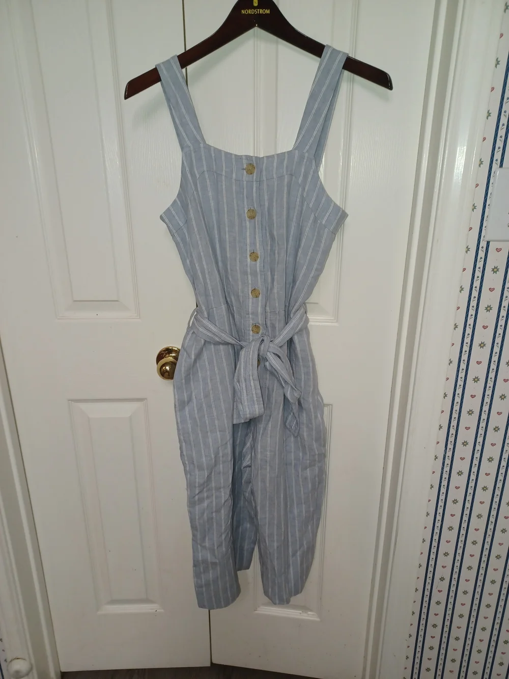 Everlane Striped Light Blue Linen-Blend Jumpsuit with Tie Waist